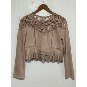 J.O.A Faux Suede Lace Fringe Crop Top M Petal Pink Soft Country Western Festival